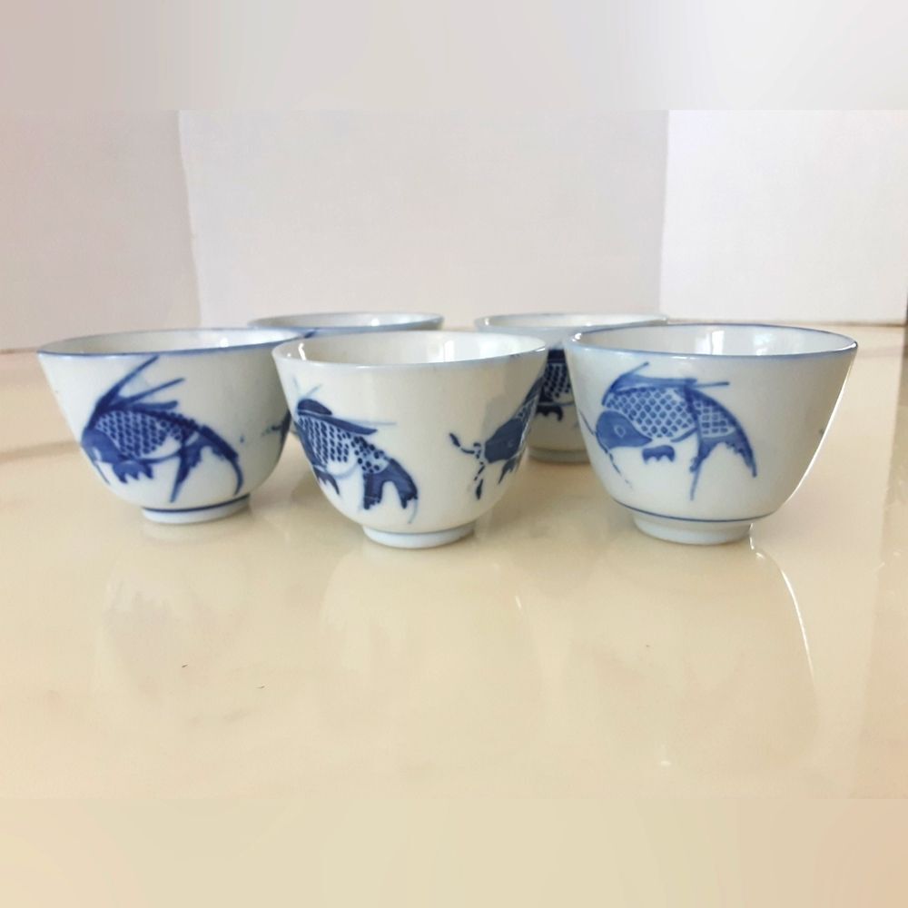 Chinese Koi Fish Tea | Sake Cups Blue & White Glaze Ceramic Set of 5 - Vtg